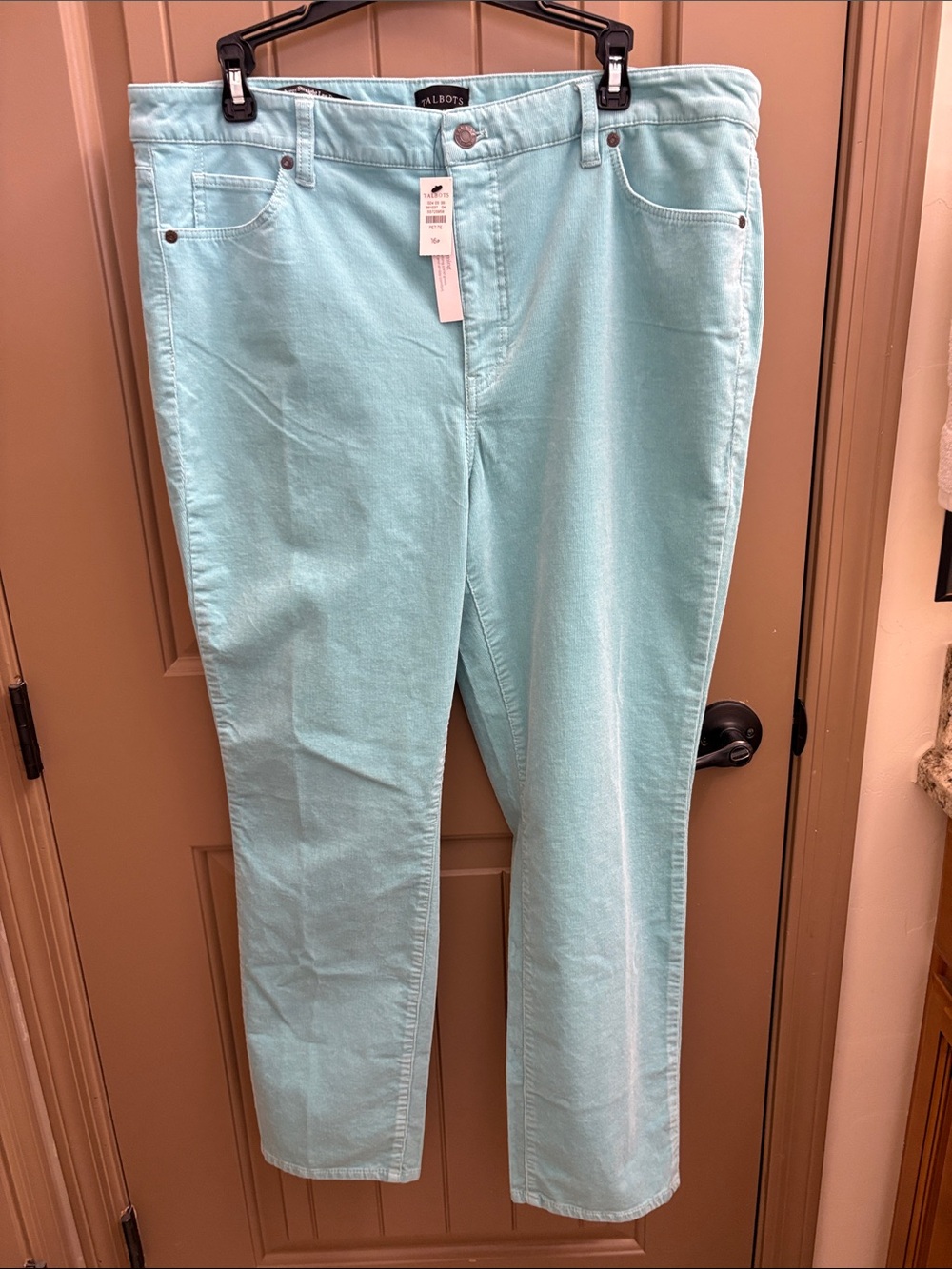 Talbots Corduroy Straight Leg Pants Women 16P Seafoam Teal Green Stretch NWT